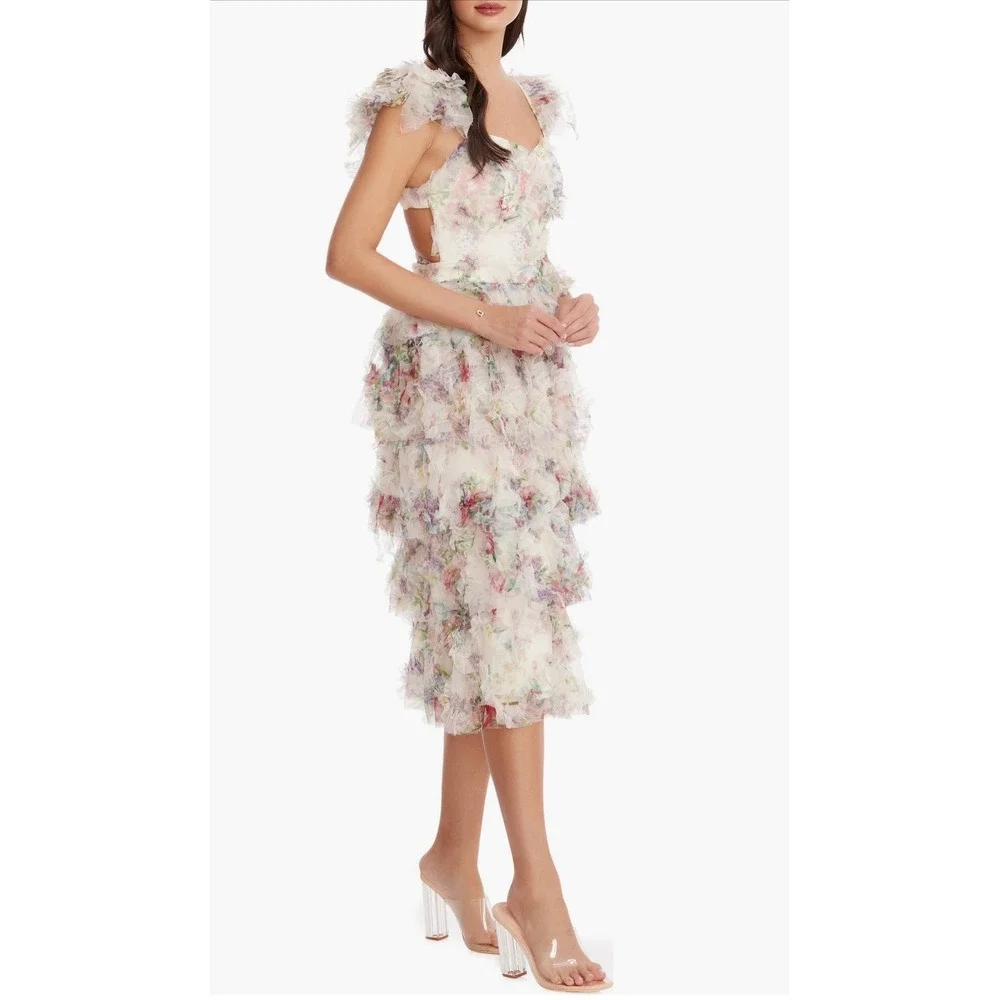 NWT Dress the Population Kristen Ivory Multi Ruffle Tier‎ Midi Dress Sz Small - Picture 3 of 9